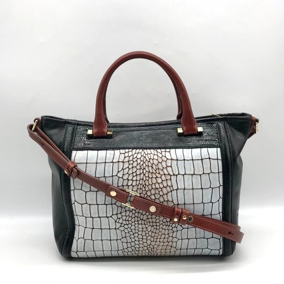 Brahmin Black And Gray Croc Embossed Leather Anywhere Satchel - Picture 2 of 10